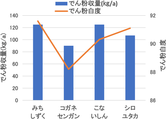 「みちしずく」、「コガネセンガン」、「こないしん」、「シロユタカ」のでん粉収量とでん粉白度を比較した図。両方とも多品種より高い。