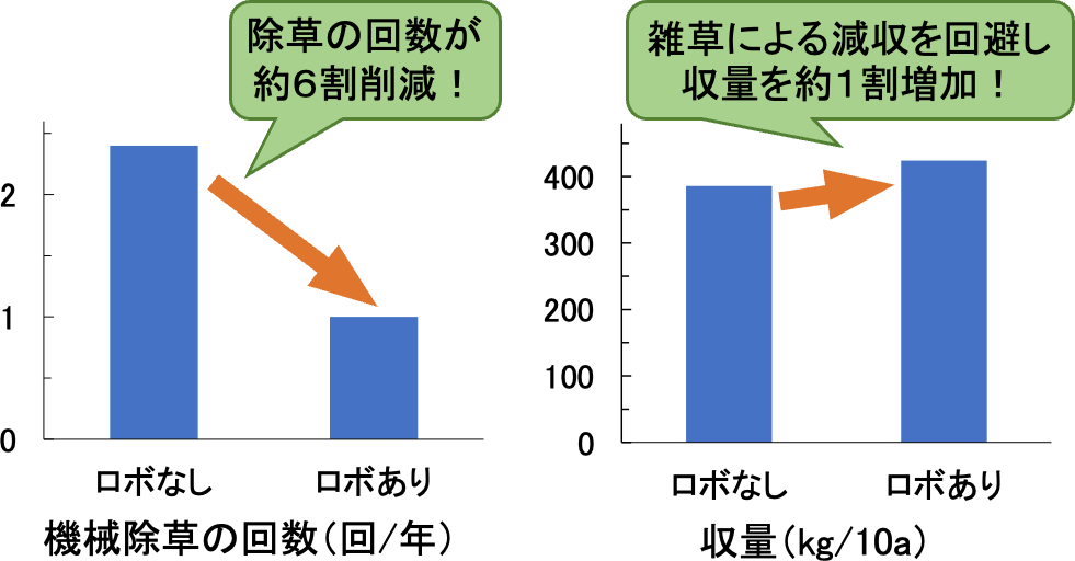 2年にわたり、計36か所の実証試験地で検証した結果の平均を示した図。左図は機械除草の回数をロボなしとロボありで比較した図で、除草の回数が約6割削減。右図は収量を比較した図。雑草による減収を回避し収量を約1割増加。