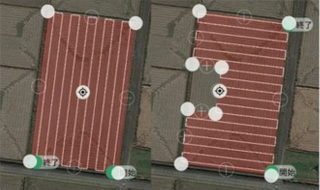 設定した経路を示した図。開発したドローンは経路を自動航行可能。