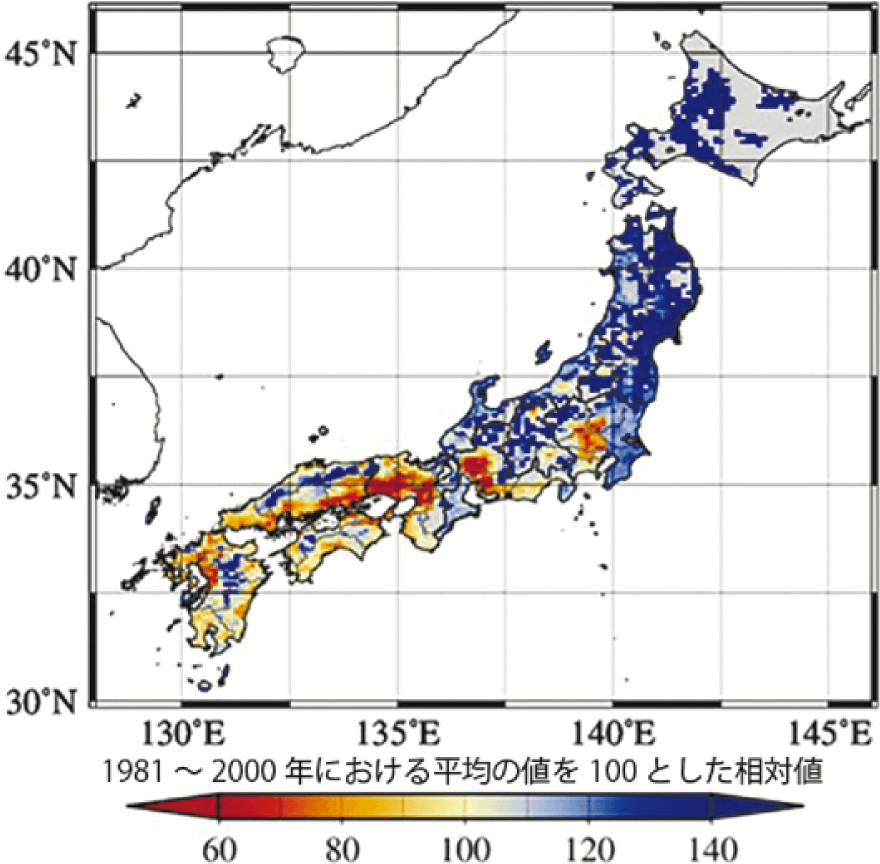 2081～2100年のコメの収量予測図：1981～2000年における平均の値を100とした相対値で色分けされている