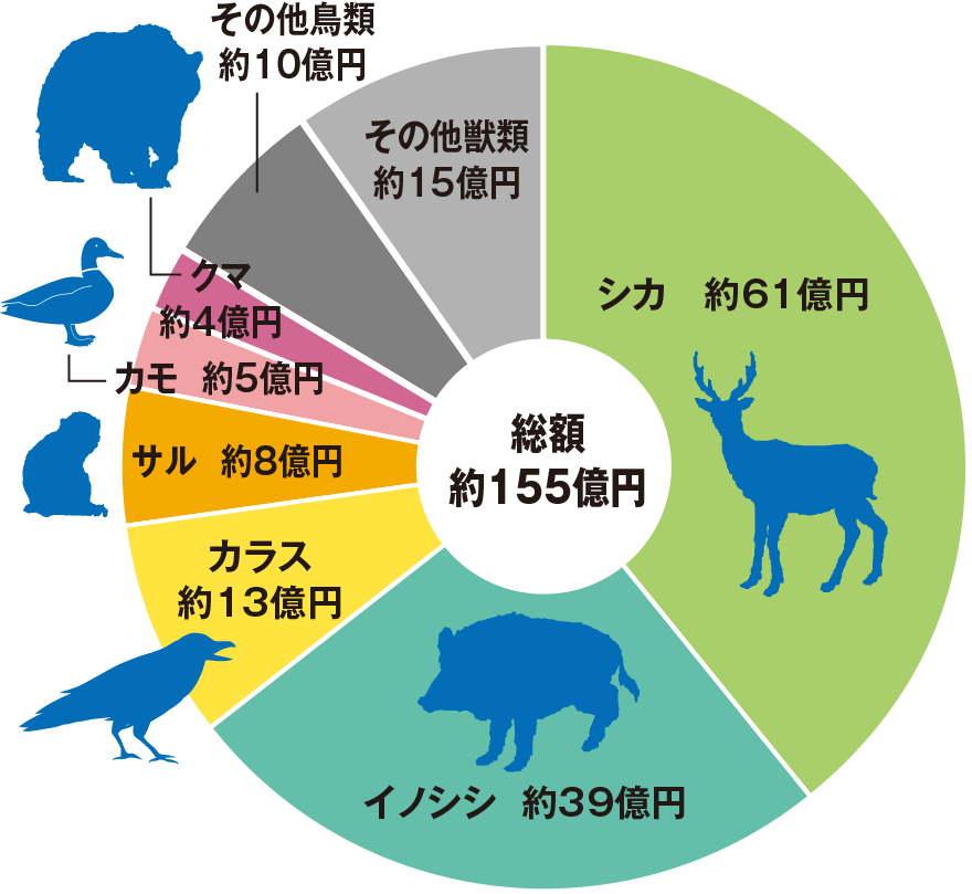 円グラフ：総額約155億円、シカ約61億円、イノシシ約39億円、カラス約13億円、サル約8億円、カモ約5億円、クマ約4億円、その他鳥類約10億円、その他獣類約15億円