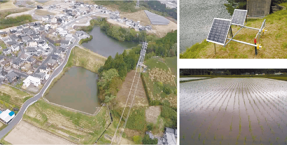 写真：（左）空から見た農業用のため池がある風景、（右上）ため池の水位を観測するために設置された機器、（右下）「田んぼダム」が一面に広がる風景