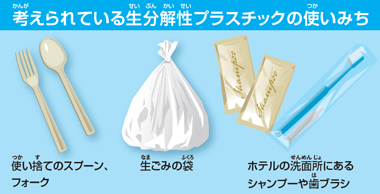 イラスト：考えられている生分解性プラスチックの使いみち 使い捨てのスプーン、フォーム 生ごみの袋 ホテルの洗面所にあるシャンプーや歯ブラシ